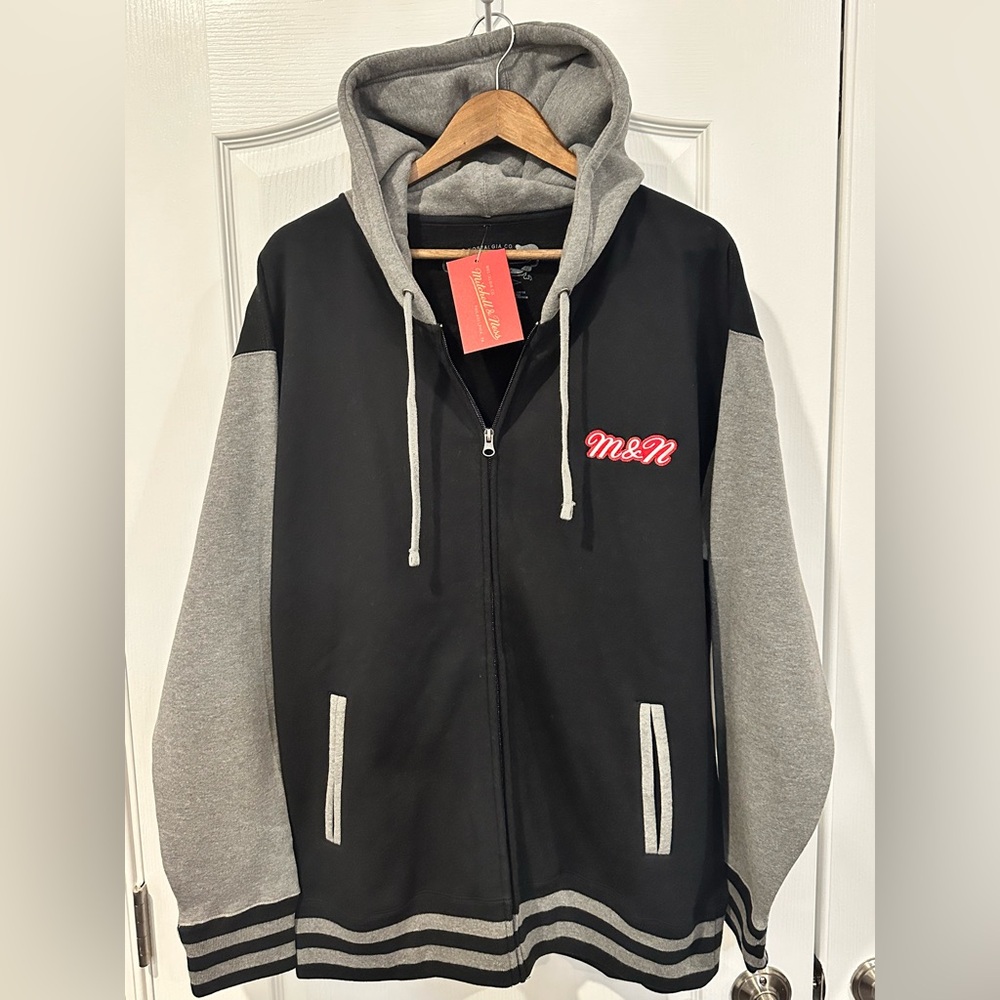 Mitchell & Ness Men's  Black and Gray Bomber Full Zip Jacket, Size: XL